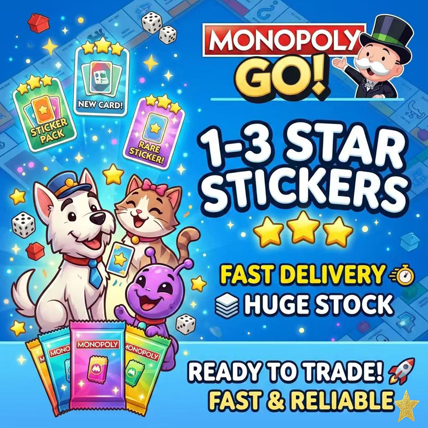 “Monopoly GO Stickers - 3 Star - All 500+ Stickers - Choose Any - Fast Delivery! Guaranteed!”