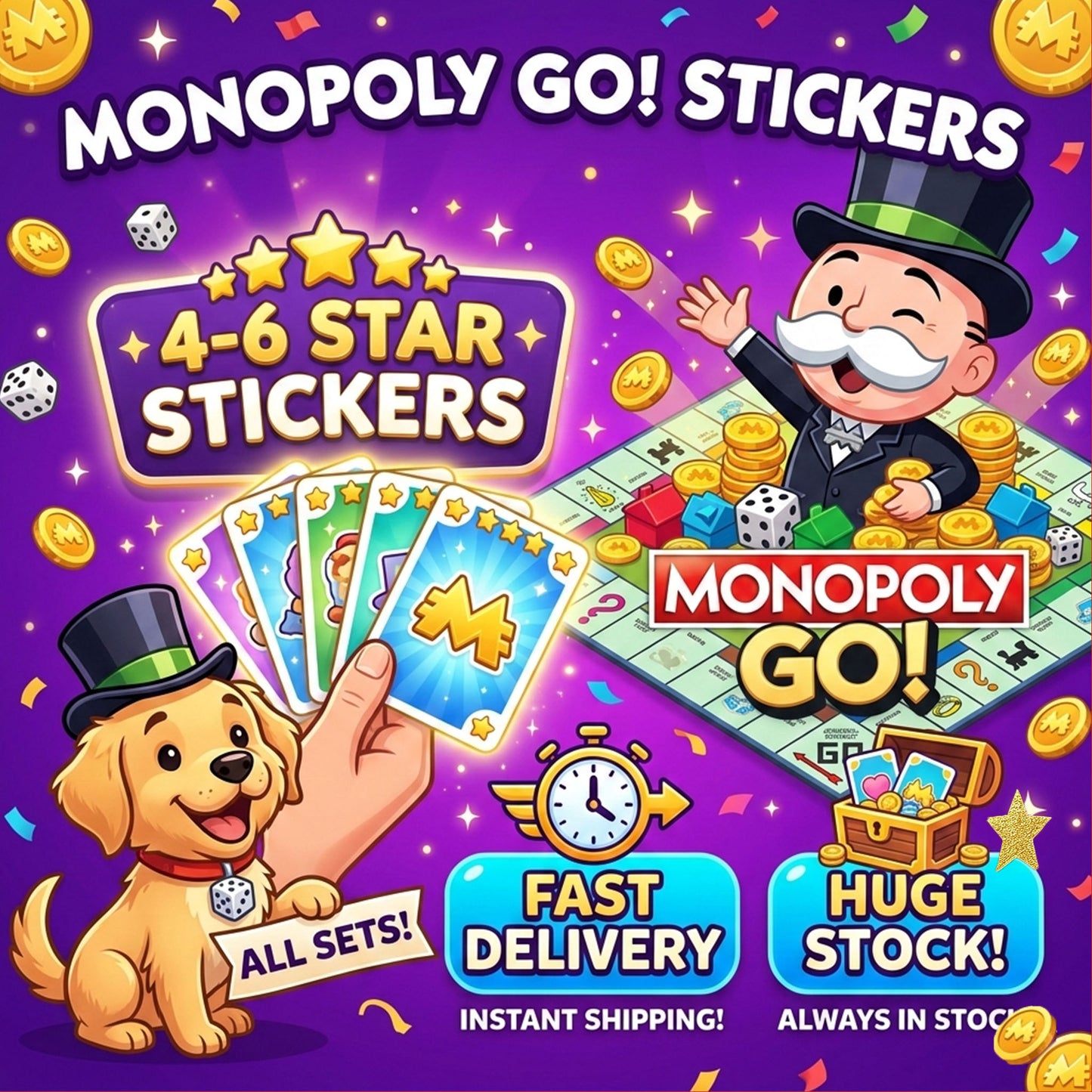 【Ultra-Fast Delivery】Monopoly GO! 4-6 Star Stickers Gift Sending - Choose Any Card - All 500+ Stickers - Safe & Guaranteed - Shop Now!